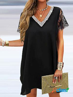 Black V Neck Lace Paneled Short Dress