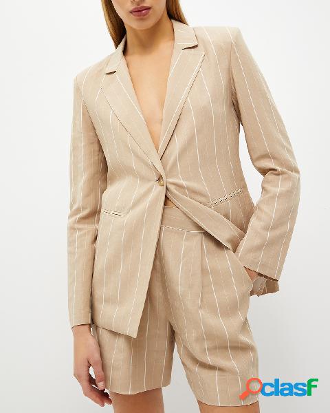 Blazer beige a un bottone in misto lino gessato bianco