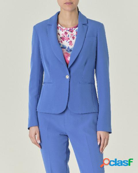 Blazer blu China a un bottone in tessuto stretch con scollo