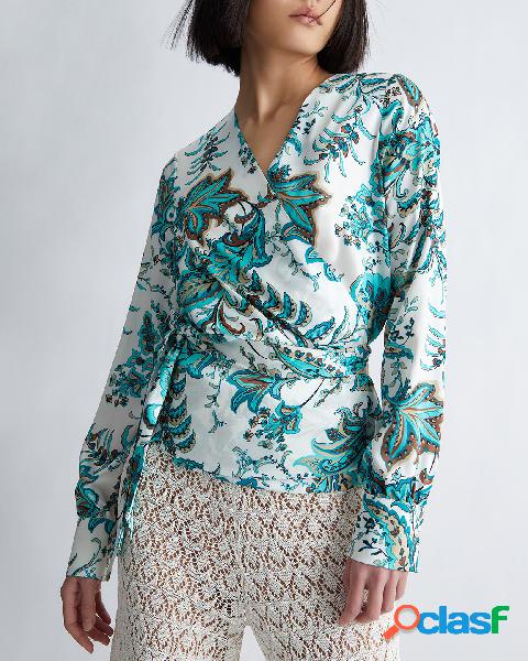 Blusa bianca in twill a fantasia disegni cachemere verde con