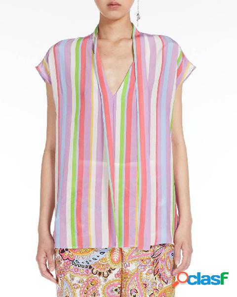 Blusa multicolore in crêpe de Chine di pura seta a righe