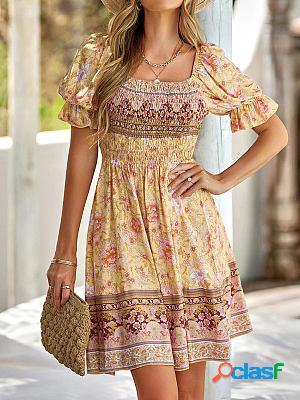 Bohemian Print Square Neck Shift Dresses