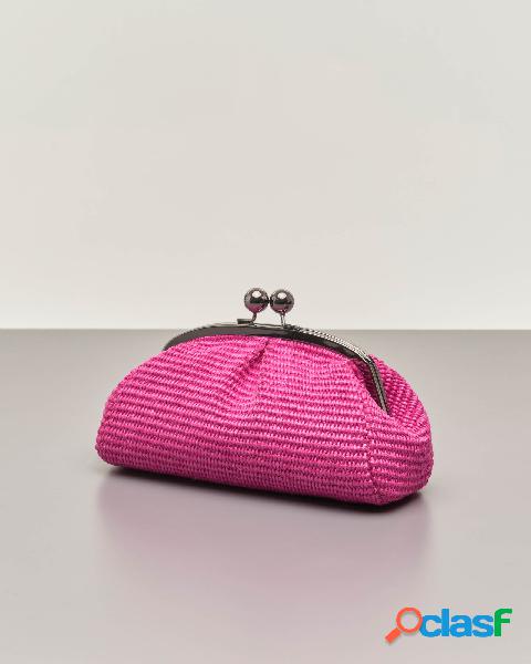 Borsa mini rosa bubble in raffia con chiusura a clip in