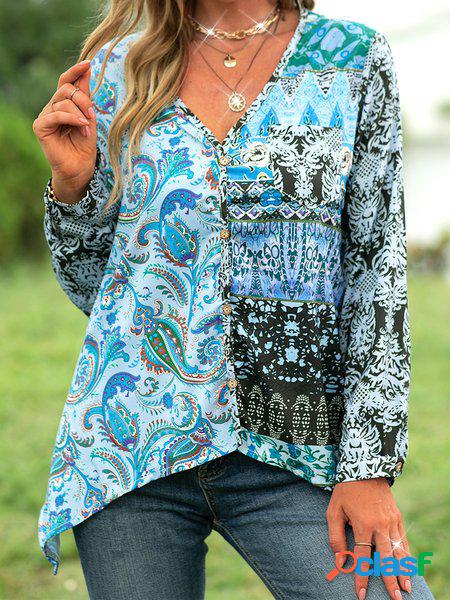 Camicetta & Top Misto Cotone con Maniche Lunghe con Scollo a