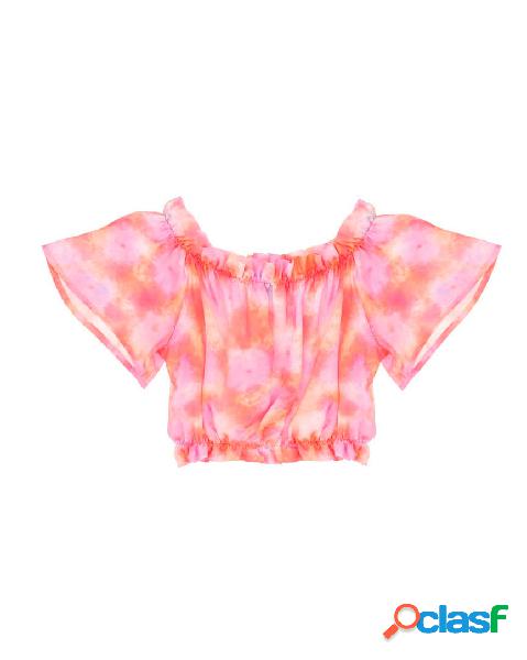 Camicia cropped in fantasia tie-dye arancione e rosa con