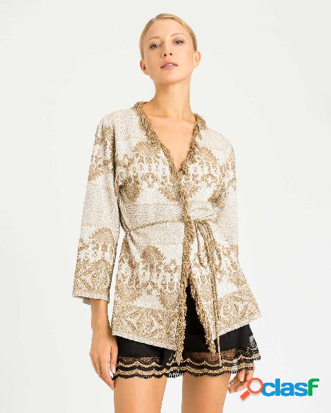 Cardigan beige in viscosa a motivo jacquard oro con frange