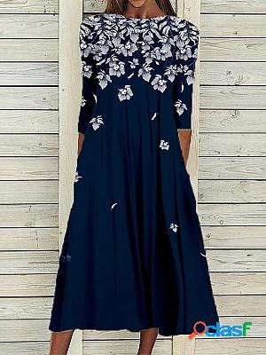 Casual Floral Print Crew Neck Long Sleeve Midi Dress