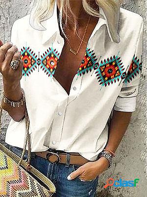 Casual Loose Ethnic Geometric Print Long-sleeved Blouse