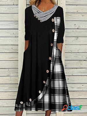 Casual Plaid Print Cowl Neck Long Sleeves Maxi Dress