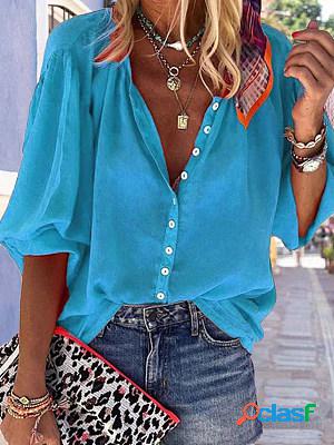 Casual Solid Color Long Sleeve V-Neck Button Blouse
