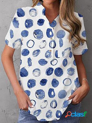 Casual Standing Collar Short Sleeve Printed Blouse