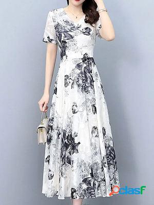 Casual V-neck Short-sleeve Printed Mid-length Maxi Dresses