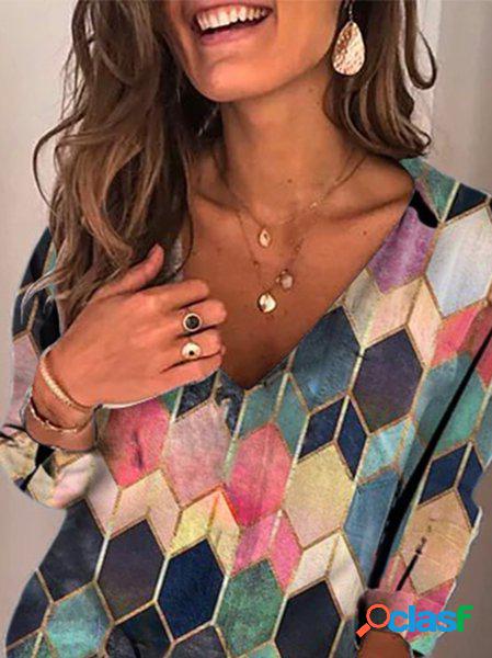 Casuale Maniche Lunghe Misto Cotone Scollo a V Top