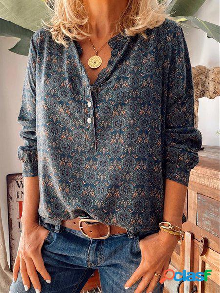 Casuale Vintage Scollo a V Stampata Floreale Camicetta