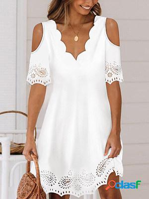 Cold-shoulder Lace Paneled Solid Short Dress