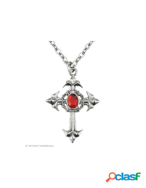 Collana croce gotica con gemma rossa