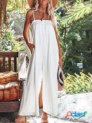 Cotton And Linen Suspenders Wide-leg Pants Casual Jumpsuit