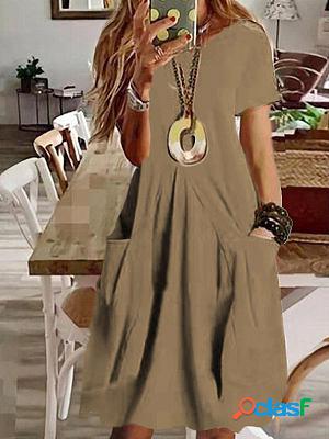 Cotton Linen Loose Casual Long Dress Solid Color Pocket