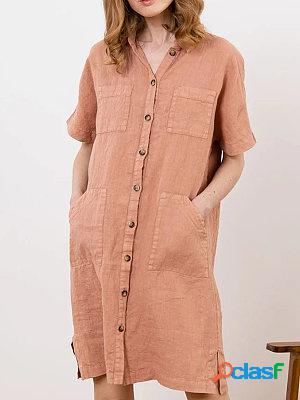 Cotton Linen Short Sleeve Pocket Shirt Midi Dress