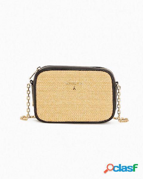 Cross bag effetto raffia naturale con profili in pelle nera