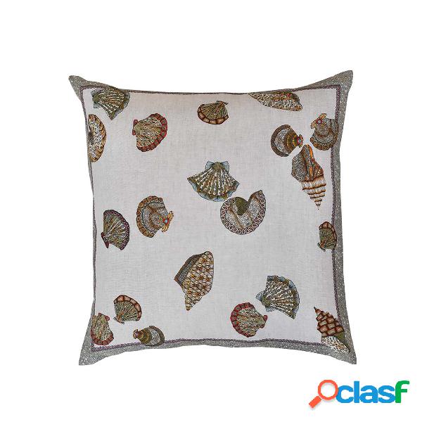 Cuscino beige in lino stampato a tema conchiglie