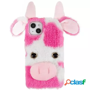 Custodia Ibrida Fluffy Plush per iPhone 14 Plus - Mucca rosa