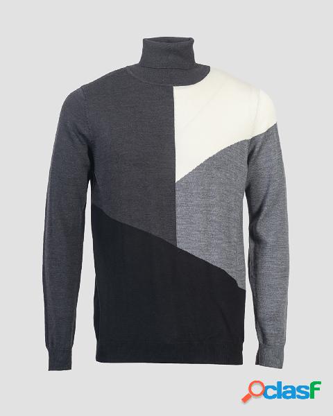 Dolcevita in misto lana fantasia color-block nera grigia e