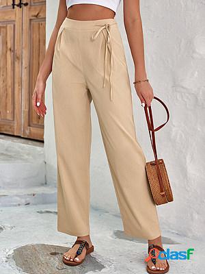 Dropped Straight Leg High Waist Solid Lace Up Wide Leg Pants