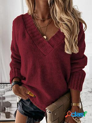 Fall/Winter Solid Color V-neck Long-sleeved Pullover Sweater