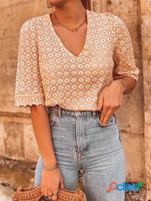 Floral Print V Neck Lace Short Sleeves Blouse