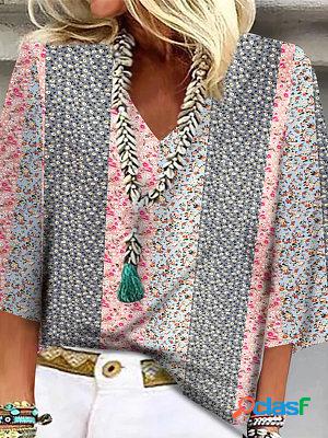 Floral Print V-neck Casual Loose Fitting Blouses