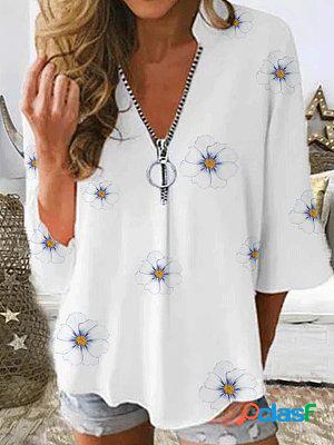 Floral Print Zip V-neck Loose Blouse