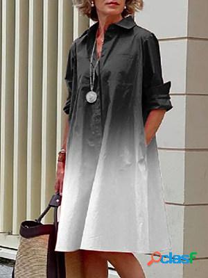 Gradient Print Shirt Collar Long Sleeve Pocket Midi Dress