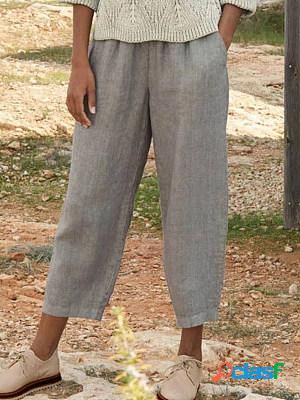 Gray Linen-blend Elastic Waist Pants