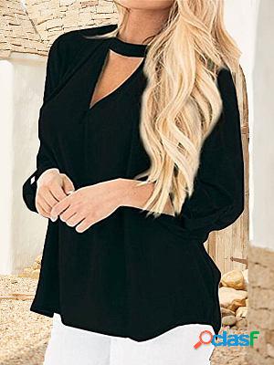 Halter Neck Asymmetric Hem Long Sleeve V Neck Blouses