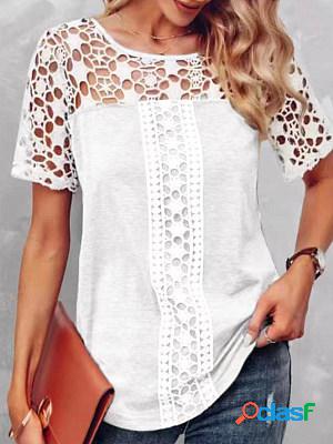 Hollow Out Paneled Short Sleeves Round Neck T-shirt
