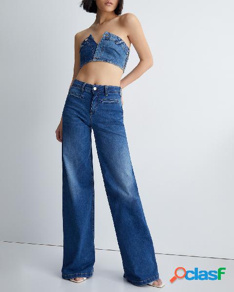 Jeans super wide leg blu stone washed in cotone stretch con