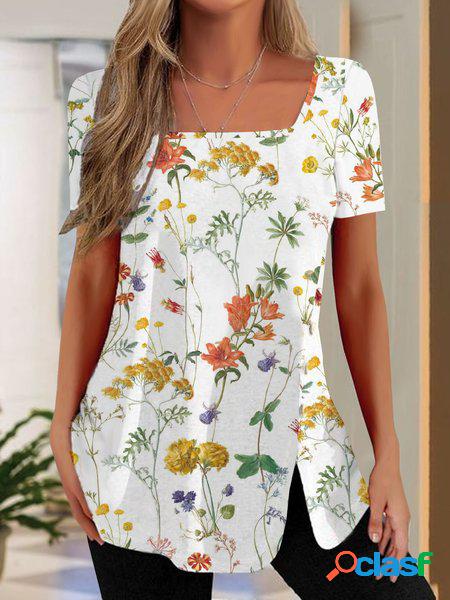 Jersey Collo quadrato Casuale Stampata Floreale Tunica