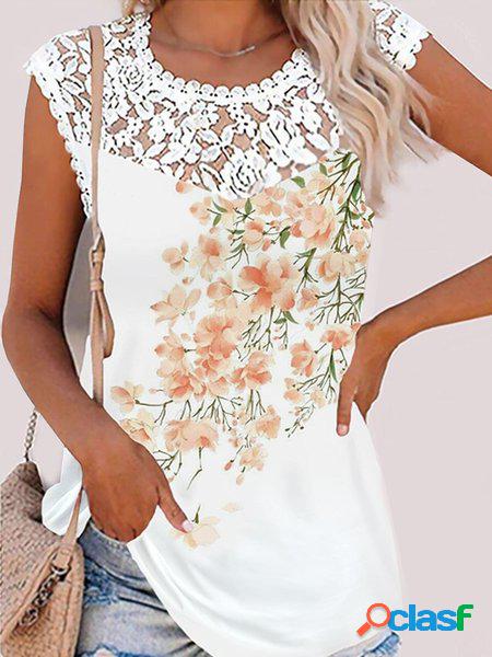 Jersey Stampata Floreale Patchwork Pizzo Casuale Canotta