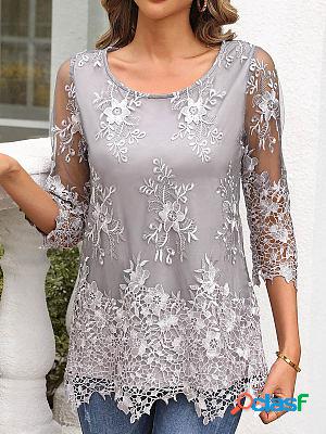 Lace Gray Boat Neck 3/4 Sleeve Blouse