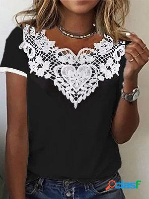 Lace Panel Short Sleeve Casual T-Shirt