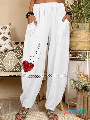 Lace Paneled Printed Pockets Casual Loose Pants