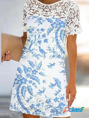 Lace Paneled Short Sleeves Round Neck Printed Short Dress