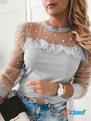 Lace Pearl Stitching Puff Sleeve Slim Chiffon Long sleeve