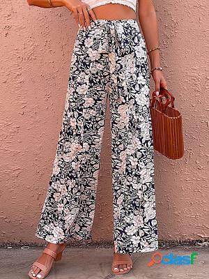 Lace Up Printed High Waist Casual Loose Pants