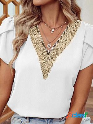 Lace V-neck Petal Sleeve Short Sleeve Solid Blouses