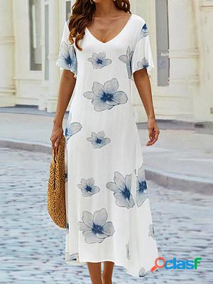 Ladies Casual Vacation White Printed Short-sleeved Dress