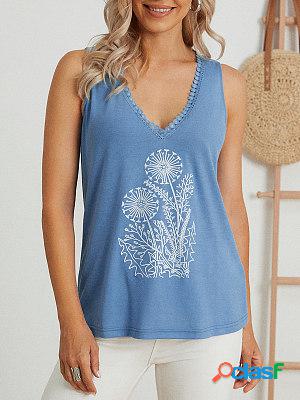 Ladies Dandelion Printed V-Neck Sleeveless T-Shirt
