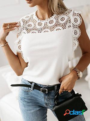 Lady Sweet Lace Sleeveless Solid Color Hollow Short sleeve