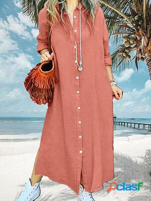 Lapel Solid Color Button Long Sleeve Maxi Dress